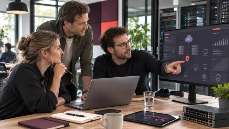 IT-professionals bespreken samen een technisch project rond netwerken en digitale technologie